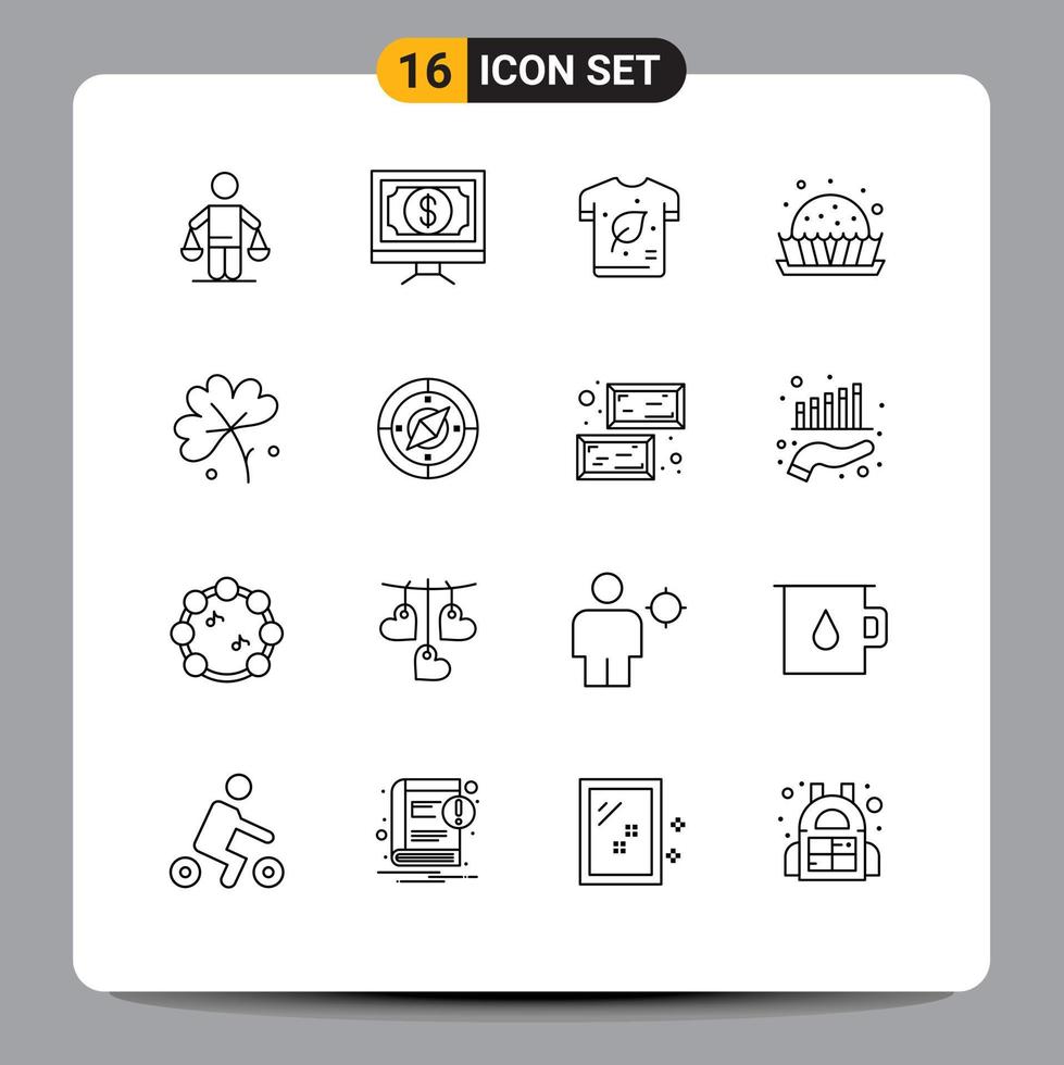 paquete de contorno de 16 símbolos universales de pastel postre dinero camisa ecología elementos de diseño vectorial editables vector