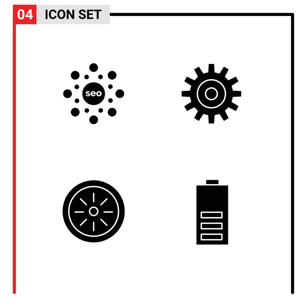 4 Thematic Vector Solid Glyphs and Editable Symbols of globe fruit rank wheel battery Editable Vector Design Elements