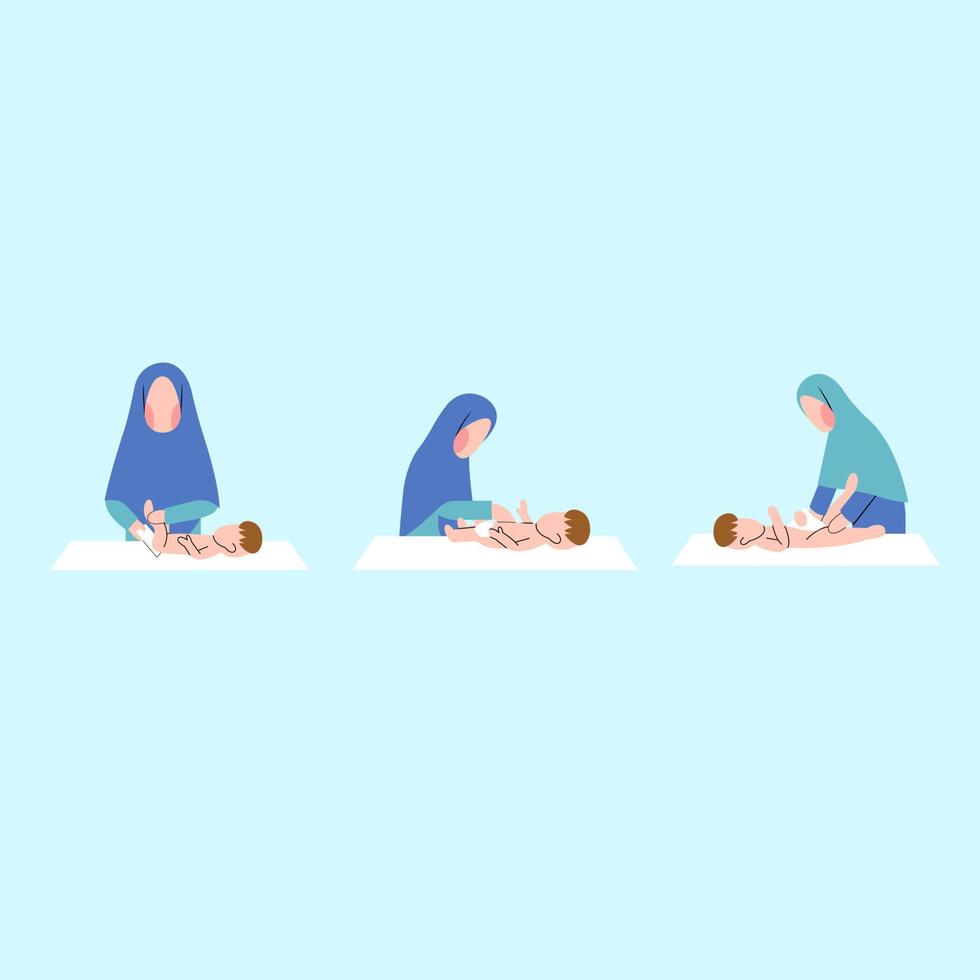 Set Of Muslim Mother Character Changing Baby Diaper vector