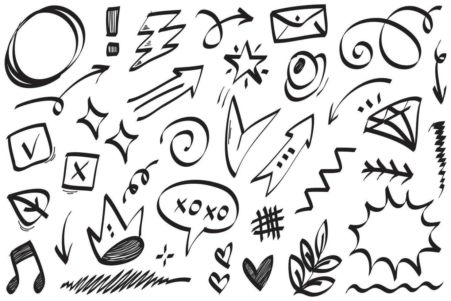 Abstract arrows, ribbons, fireworks, hearts, lightning,love , leaf, stars, cone, crowns and other elements in a hand drawn style for concept designs. Scribble illustration. vector