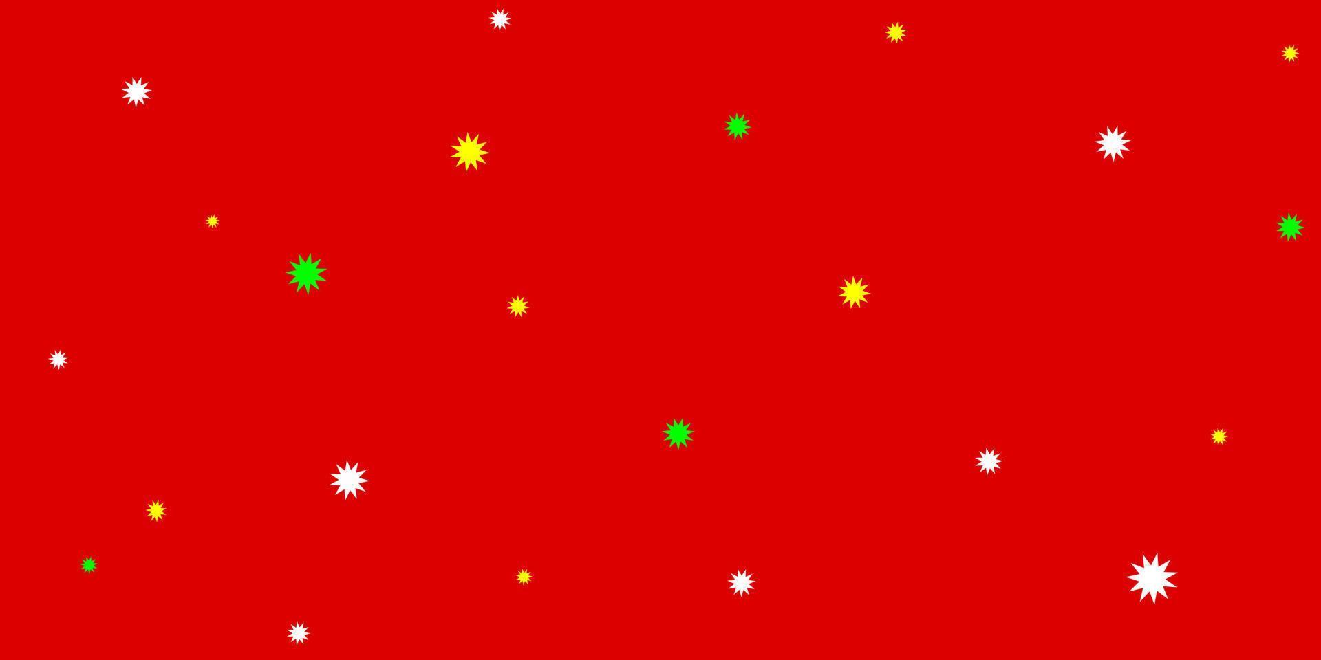 Red background with white, yellow, green dots as stars or snowflakes. vector