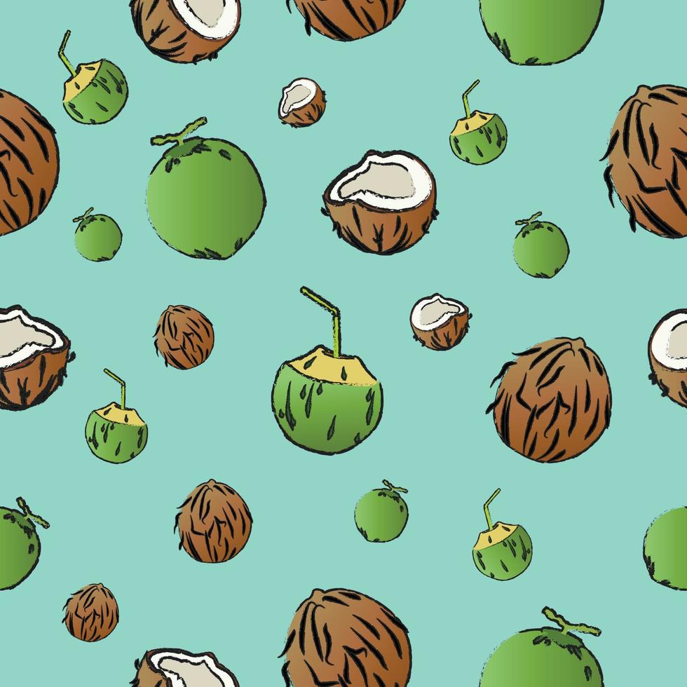 Brown and green coconut pattern seamless vector on blue pastel color background , fruit pattern seamless wallpaper