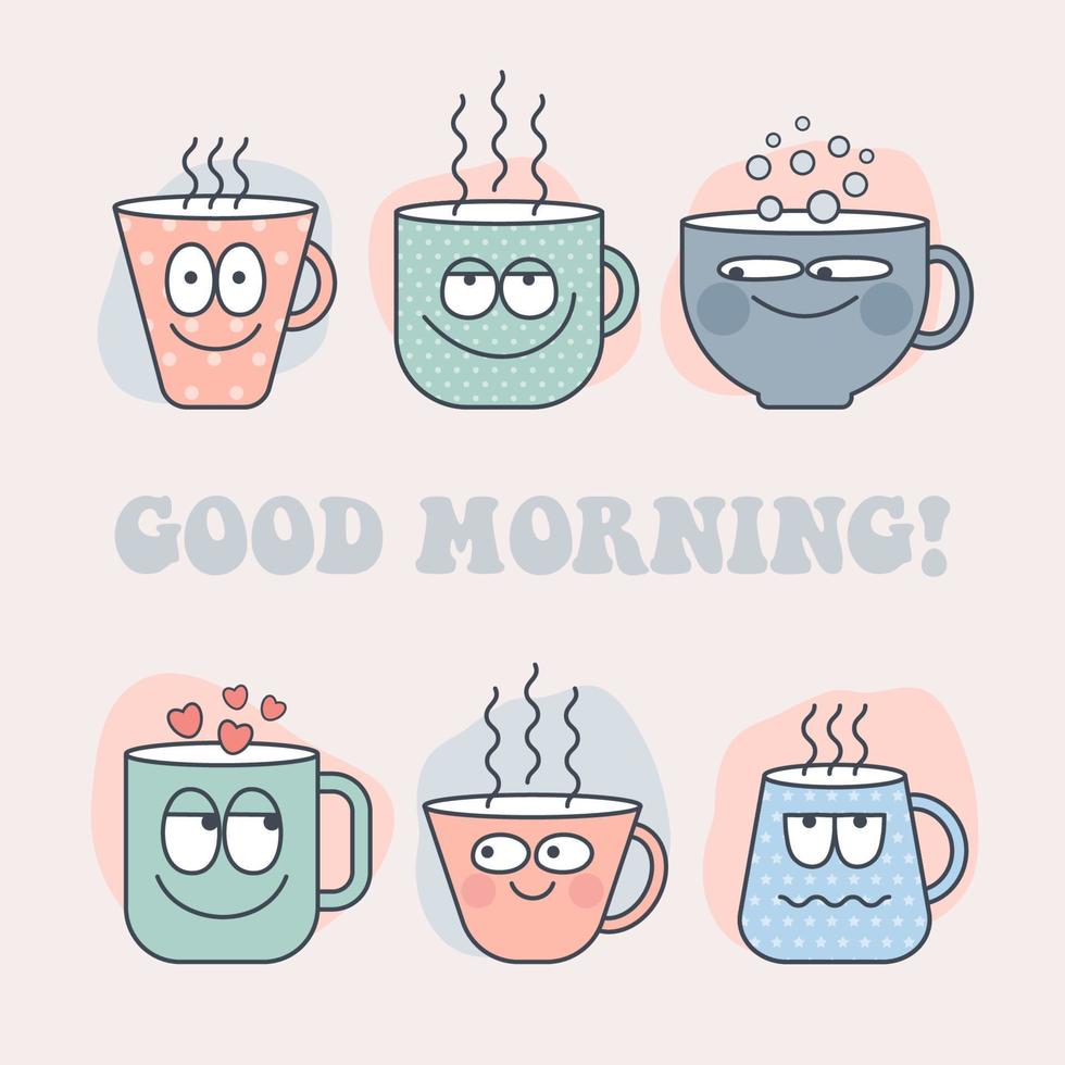 Retro groovy cartoon characters. Hand drawn funky cup emoticons for stickers and cards in trendy style vector