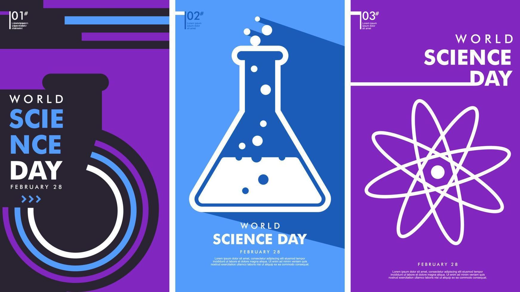 World science day poster. Set of 3 minimalist simple background vector illustration flat style.