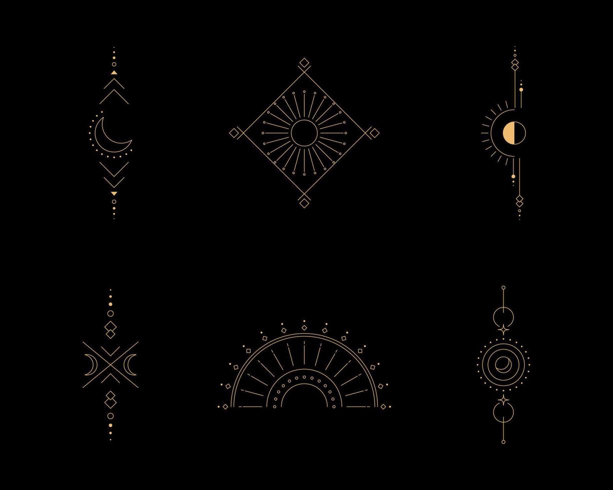 Set of moon and sun line art. Minimal boho linear symbols. Celestial mystic element. Vector line art illustration.