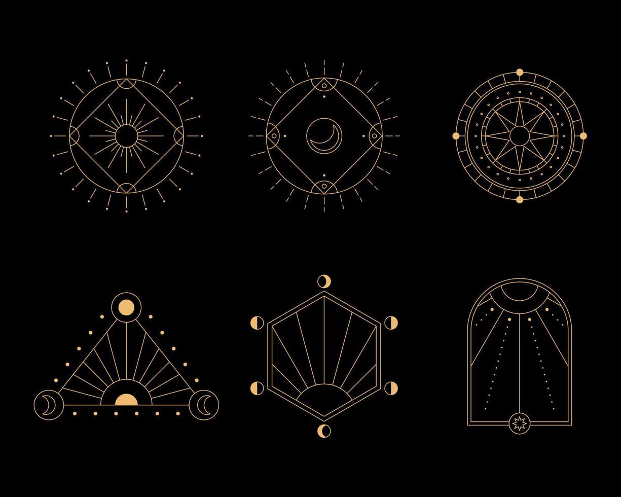 Set of moon and sun line art. Minimal boho linear symbols. Celestial mystic element. Vector line art illustration.