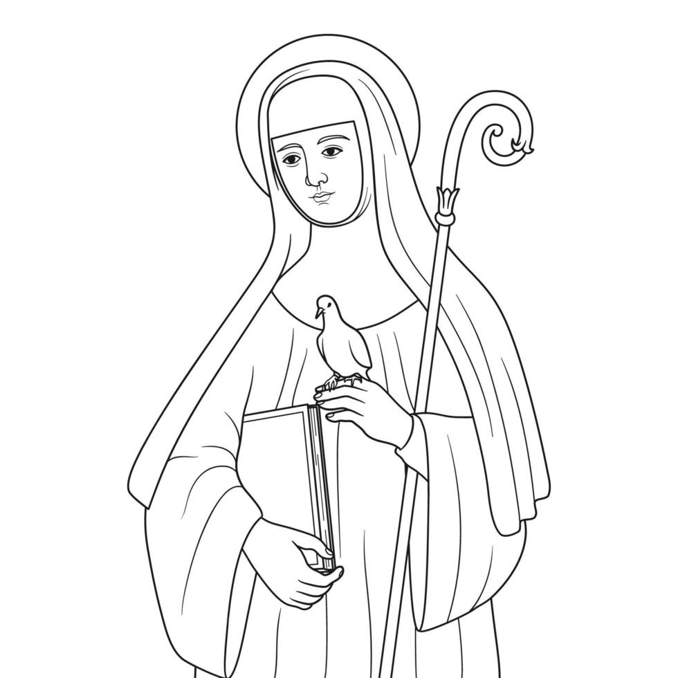 Saint Scholastica of Nursia Vector Illustration Outline Monochrome