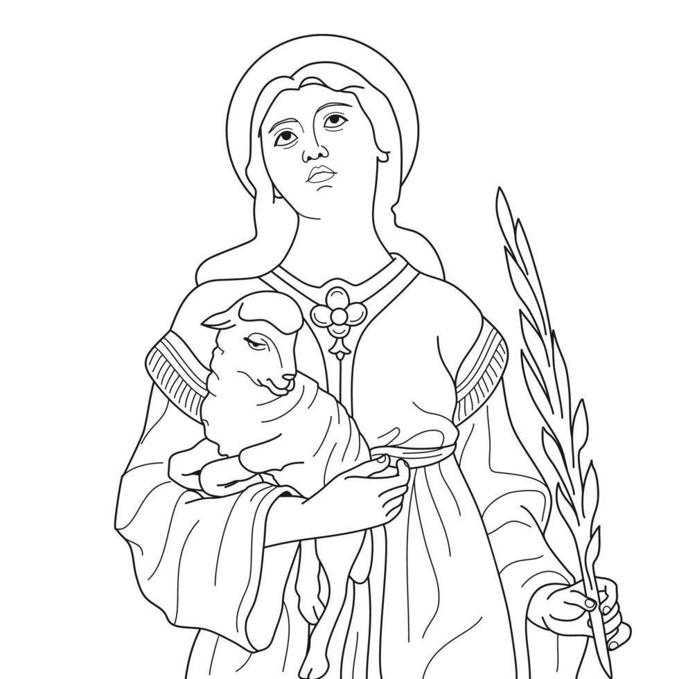 Saint Agnes of Rome Vector Illustration Outline Monochrome