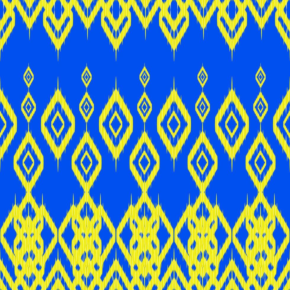 tela étnica ikat de patrones sin fisuras. forma de triángulo de diamante geométrico zigzag fondo amarillo y azul. patrones de líneas ikat tribales africanas ornamentadas. ilustración vectorial diseño vintage retro moderno. vector