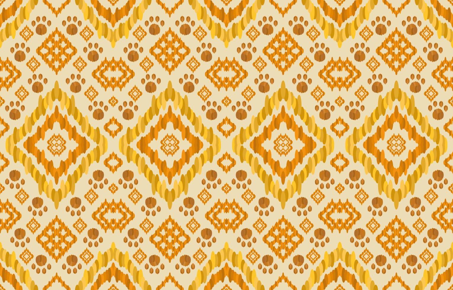 Golden yellow orange brown color ikat patterns. Geometric rice seed line and paw print tribal elegant luxury style. Ethnic fabric ikat seamless pattern. Asian folk vector design for clothing textile.
