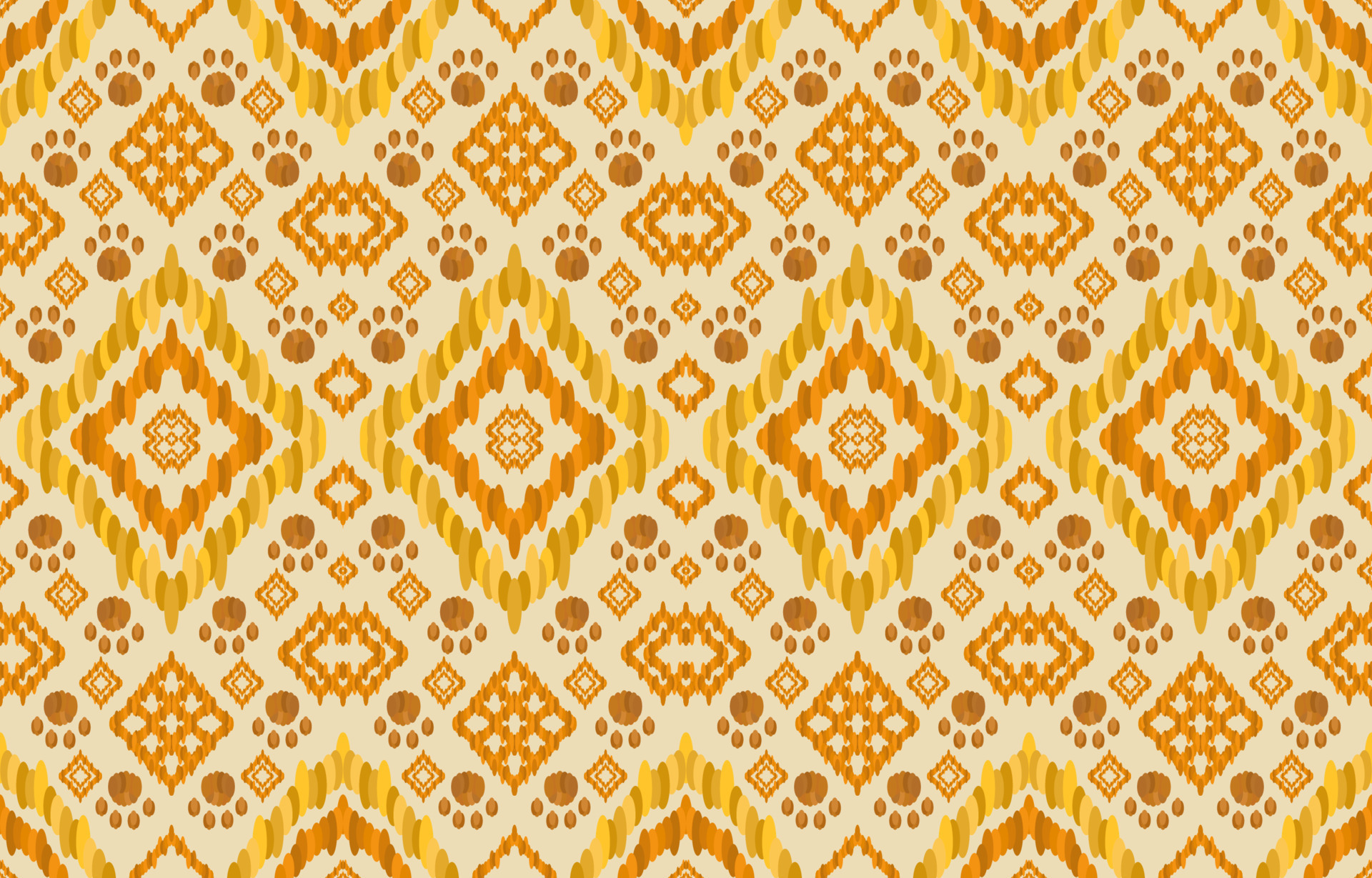 Golden yellow orange brown color ikat patterns. Geometric rice seed