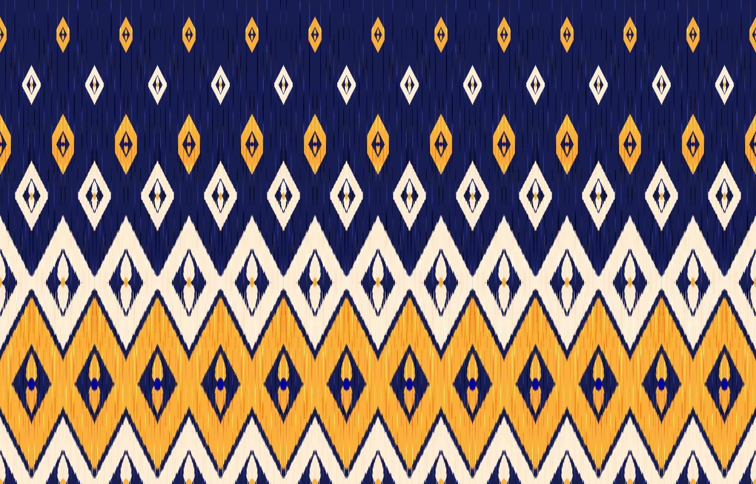 Ikat ethnic pattern. Dark blue, orange and yellow colors. Traditional fabric in tribal Turkey African Indian traditional. Ethnic geometric fabric textile vector illustration embroidery style.