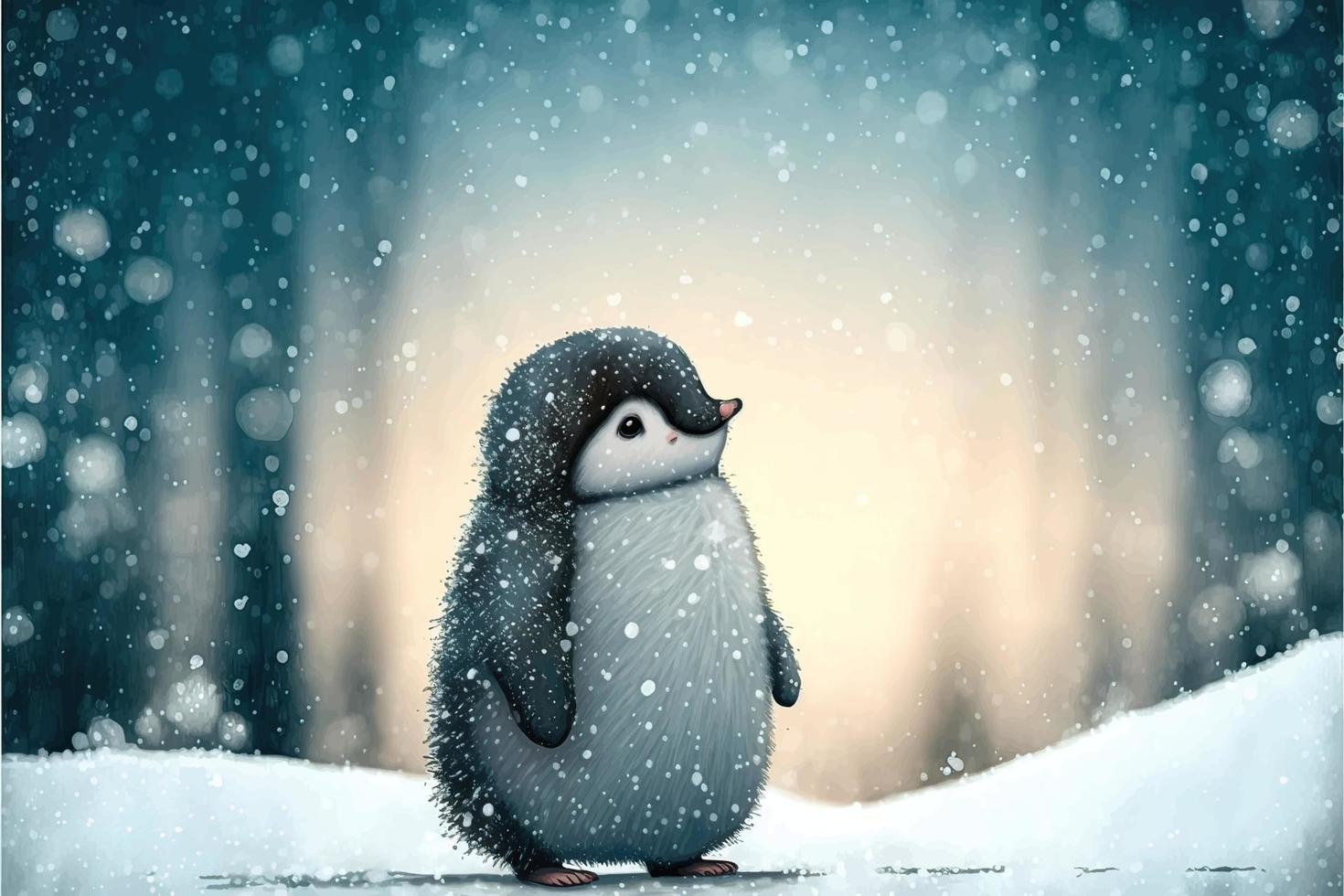 A cute little penguin is walking through the snow in the winter. vector