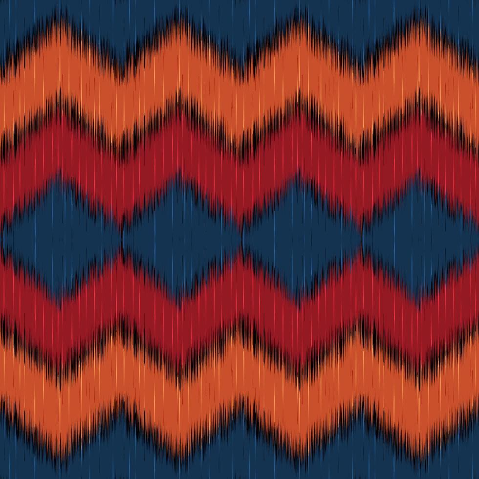 Uzbek zigzag ikat pattern. Navy blue, orange and red colors with dark tone. Traditional fabric in Uzbekistan and Central Asia, using in home decor, cushioned furniture and fashion design. Vector