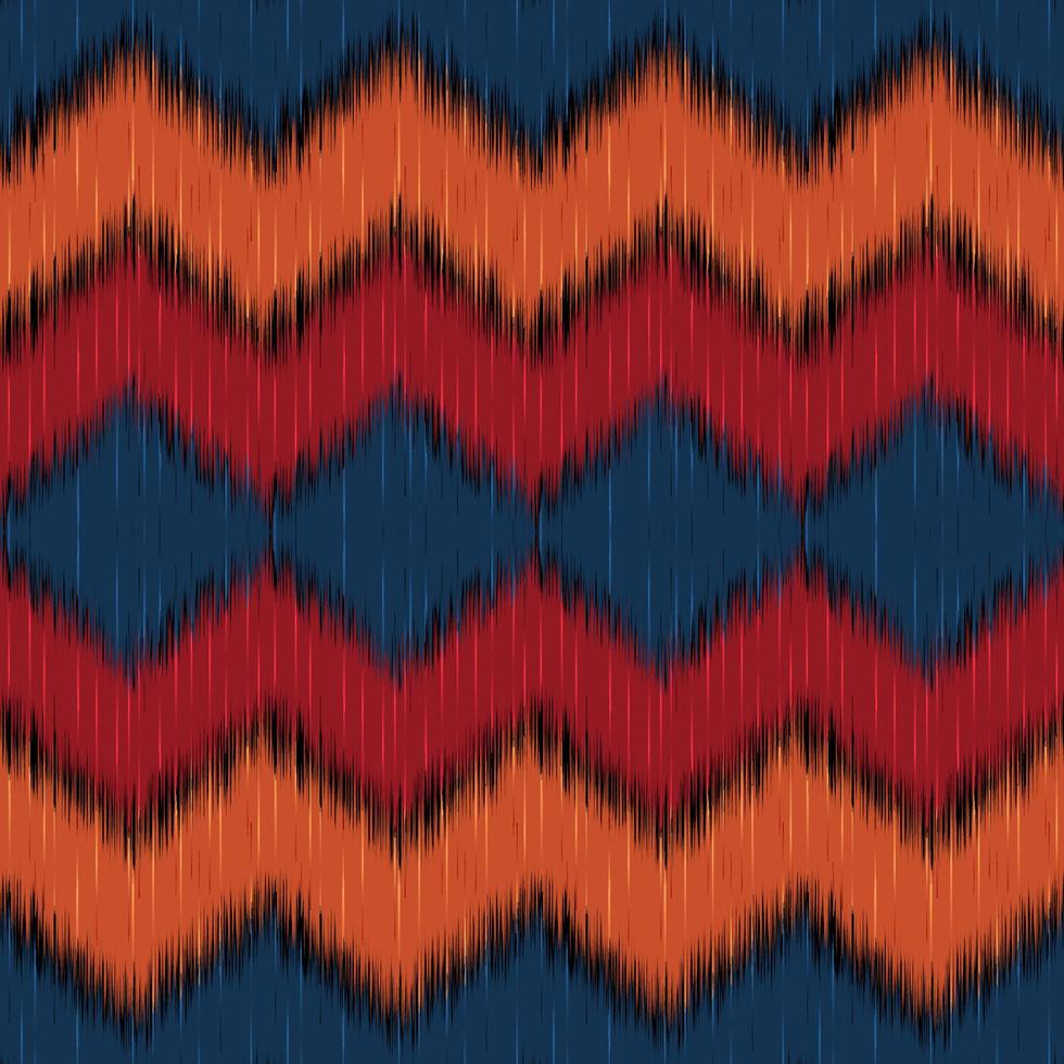 Uzbek zigzag ikat pattern. Navy blue, orange and red colors with dark tone. Traditional fabric in Uzbekistan and Central Asia, using in home decor, cushioned furniture and fashion design. Vector