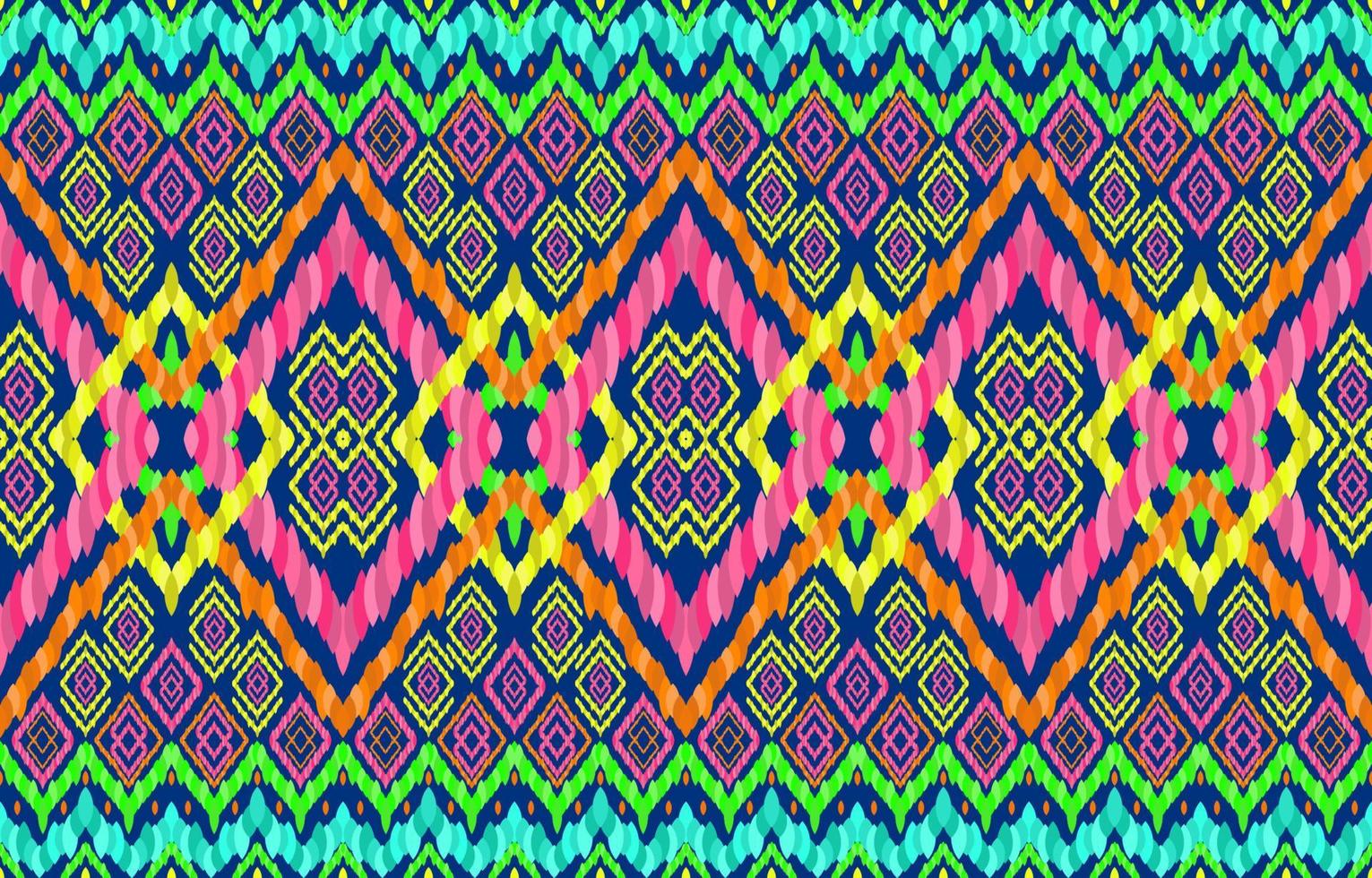 patrones sin fisuras de ikat navajo indio maya africano. la línea geométrica brilla con un fondo de color neón brillante. étnico folk tribal nativo ikat patrón estilo retro. diseño para alfombras de tela de ropa. vector