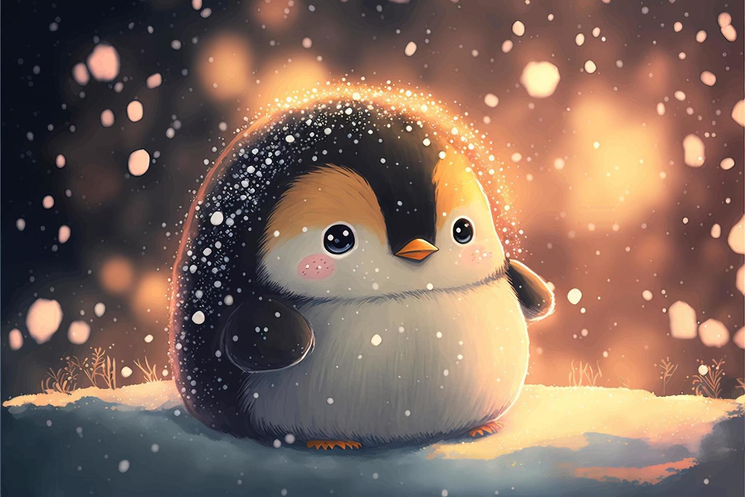 un adorable pingüino bebé se sienta en la nieve del invierno durante la puesta de sol. vector
