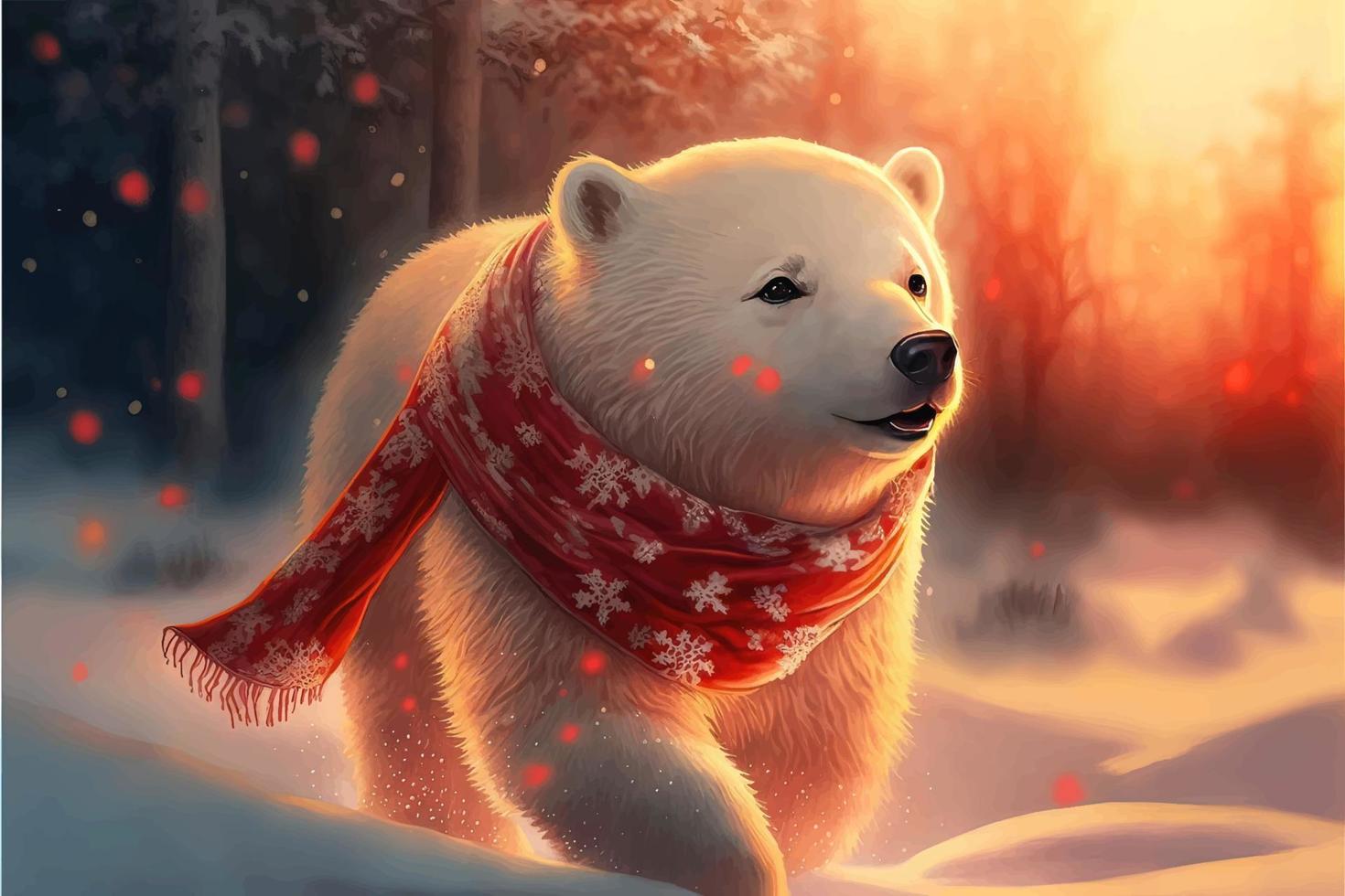 A beautiful polar bear cub, adorned with a red scarf vector