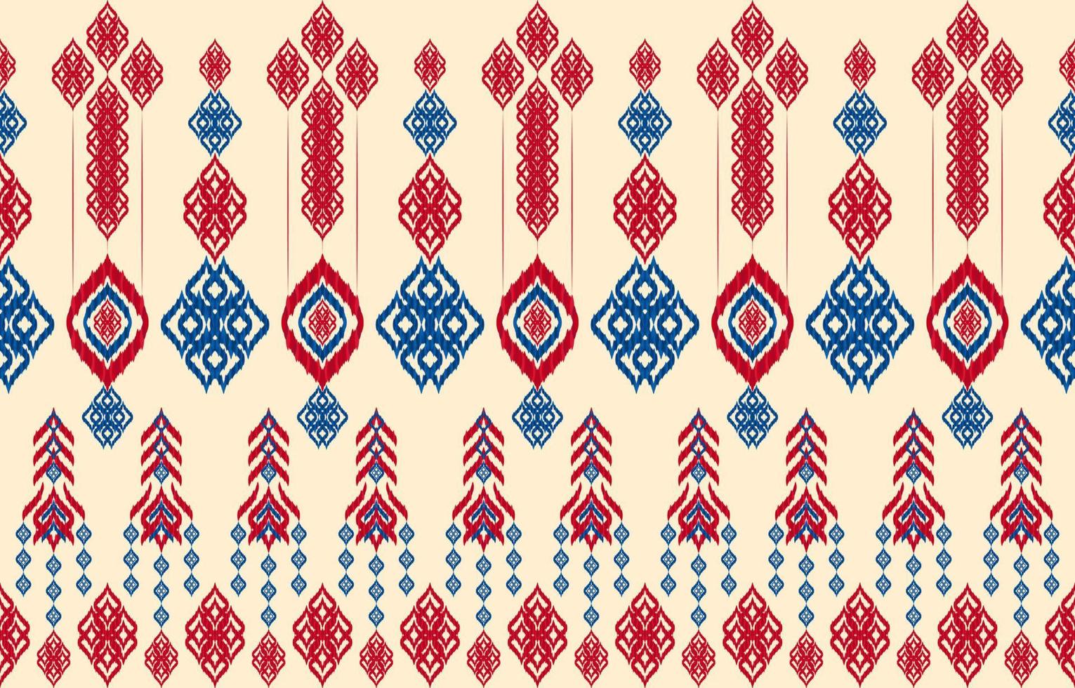 Asian folk geometric ethnic red blue line ikat seamless fabric pattern. Royal elegant eggshell color background. Embroidery mofif boho art print vector design for clothing textile vintage retro style.