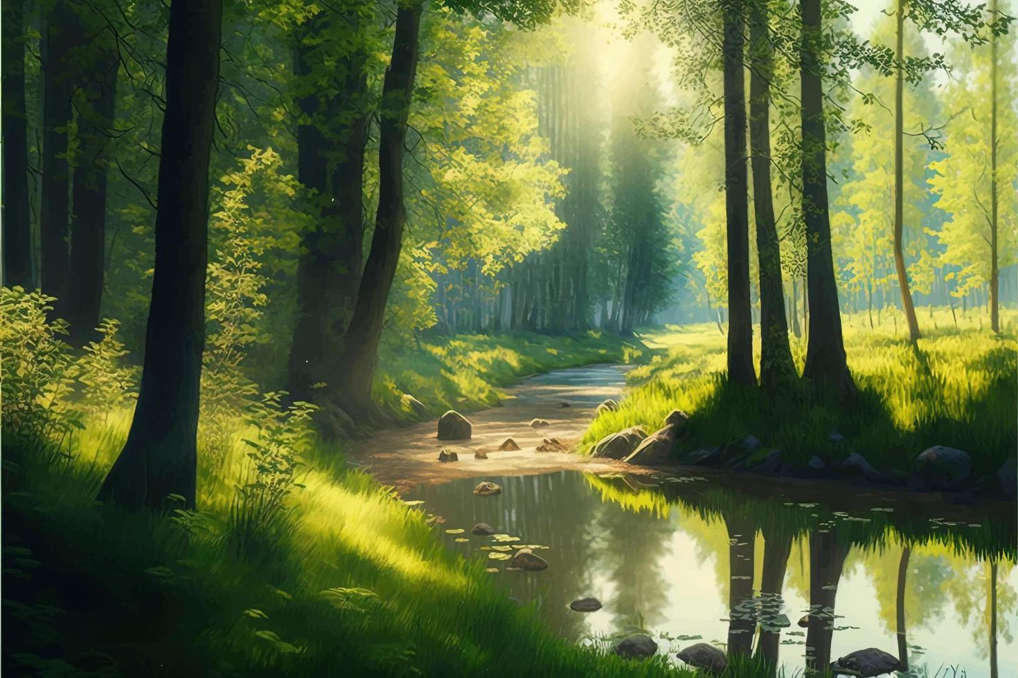 The beautiful green forest is bathed in sunshine on this morning vector