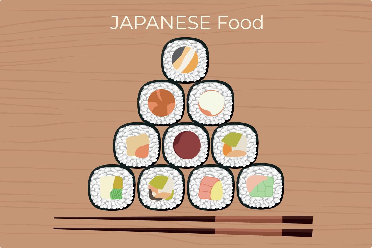 Vector icon set of yummy colored sushi rolls. Collection of different flavours and kinds. Traditional Japanese food. Asian seafood group