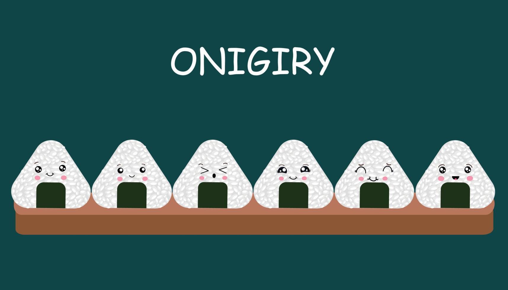 Vector illustration of Onigiri in the style of kawaii. Japanese fast food made of rice with a filling formed in the form of a triangle of nori seaweed.