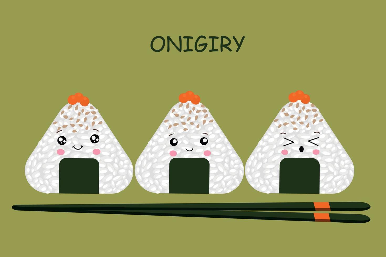 Vector illustration of Onigiri in the style of kawaii. Japanese fast food made of rice with a filling formed in the form of a triangle of nori seaweed.