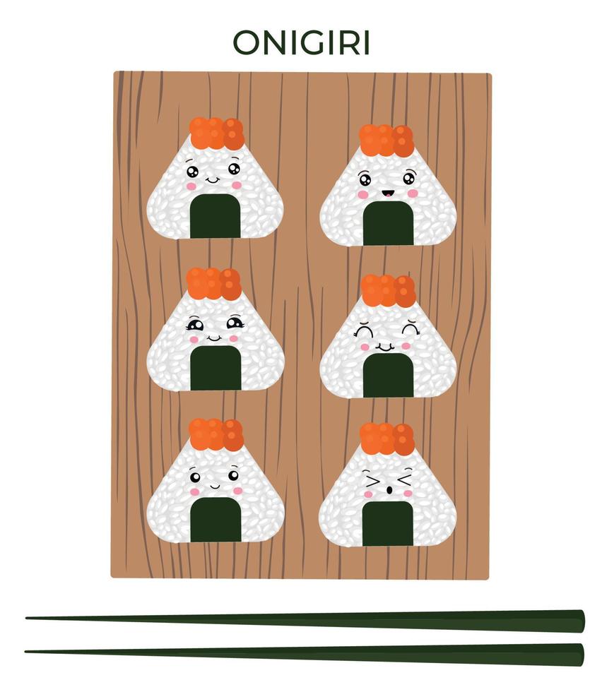 Vector illustration of Onigiri in the style of kawaii. Japanese fast food made of rice with a filling formed in the form of a triangle of nori seaweed.