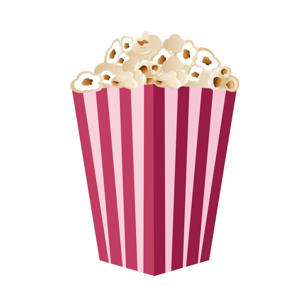 Popcorn isolated on a white background. A flat-style movie theater icon. A light snack. A large red and white striped box. Vector illustration