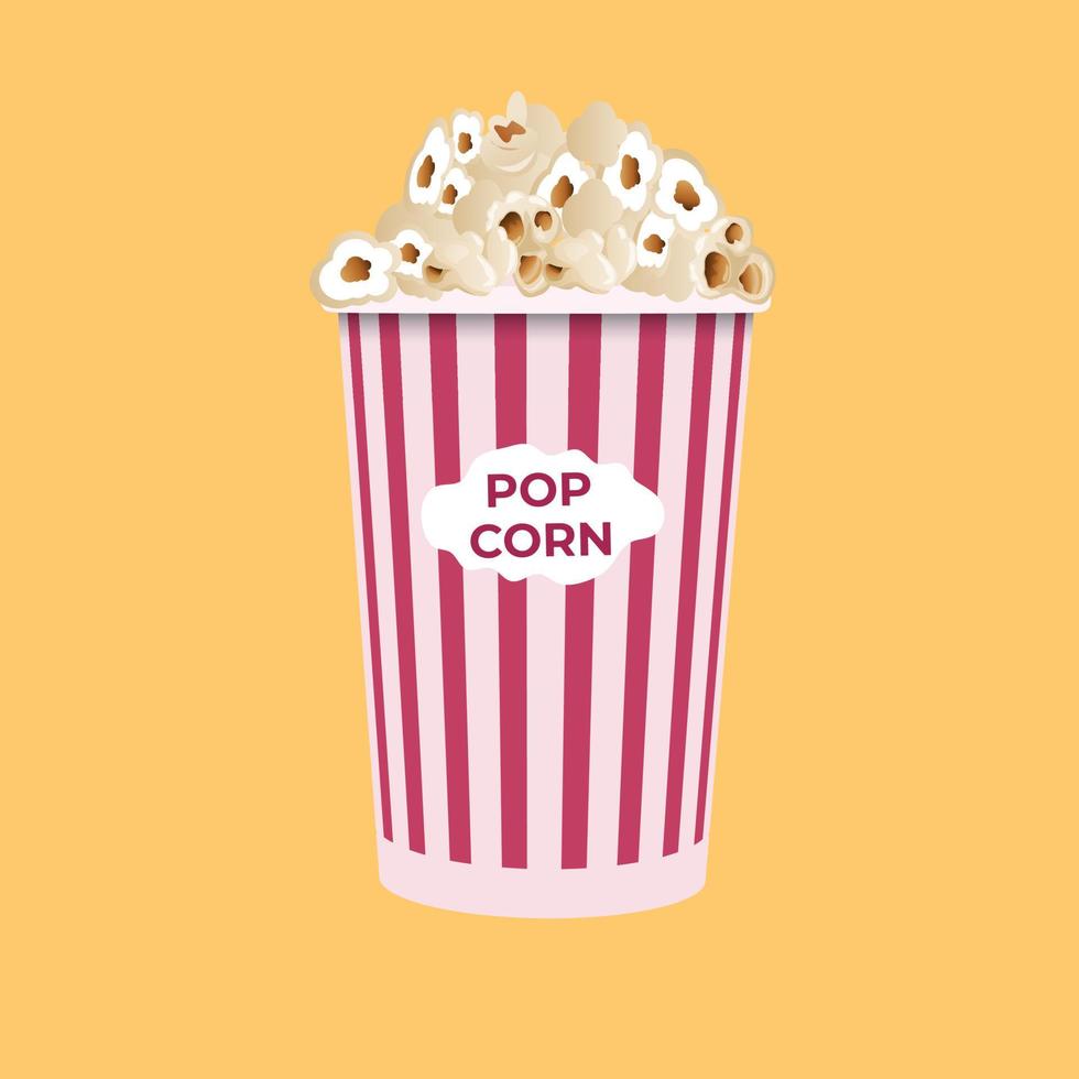 Popcorn isolated on a yellow background. A flat-style movie theater icon. A light snack. A large red and white striped box. Vector illustration