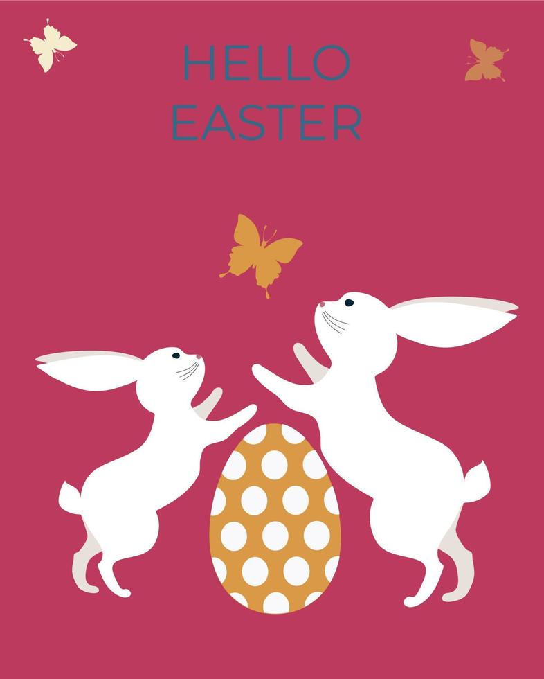 Happy easter postcard. Vector illustration with cute bunnies, egg and fluttering butterflies. Pink background