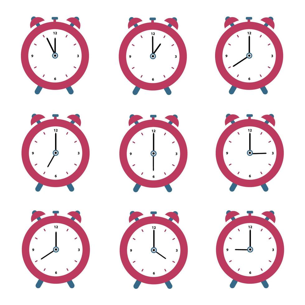 Set of red alarm clocks. Vector illustration in flat style isolated on white background.