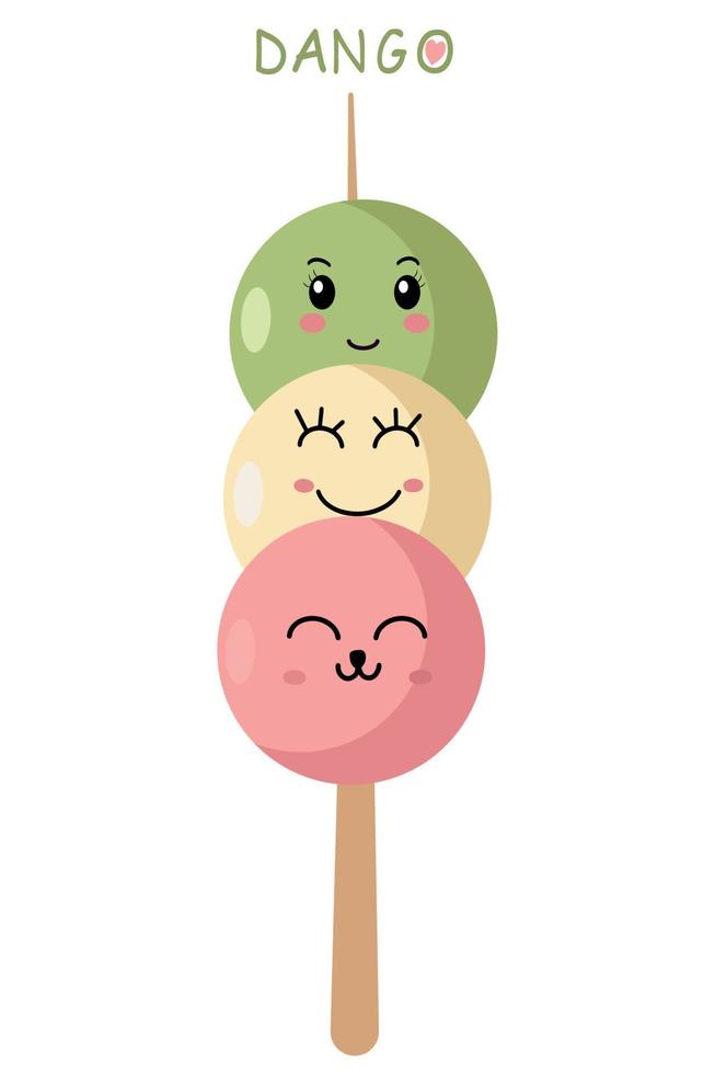 Traditional Japanese dessert Dango on a white background. Hanami Dango. Vector of Japanese dessert Dango in the style of kawaii.