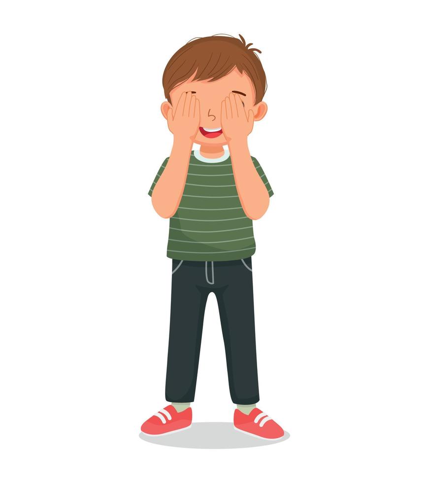 cute little boy covering his eyes with both hands playing hide and seek vector