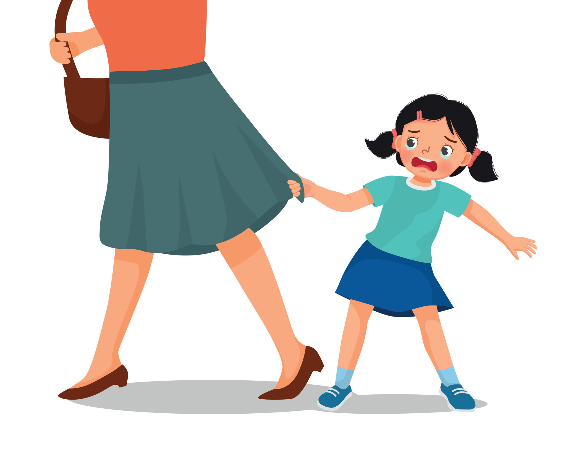 spoiled little girl crying throwing tantrum pulling her mother dress at