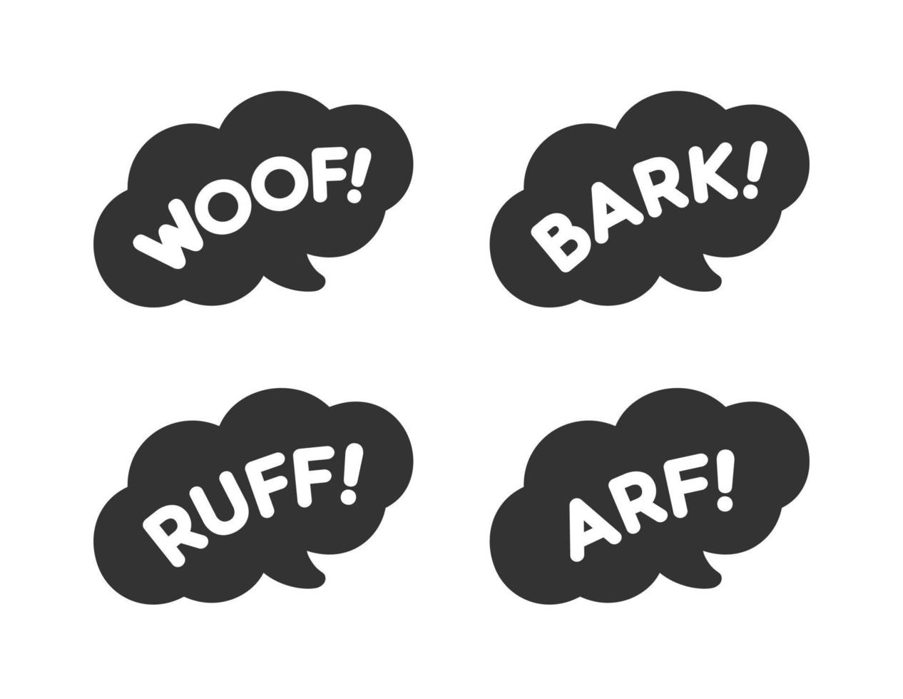 Cómics de dibujos animados, efecto de sonido de ladrido de perro y conjunto de letras. texto blanco en una imagen prediseñada de globo de burbuja de voz negra oscura. silueta de ilustración de vector plano simple sobre fondo blanco.