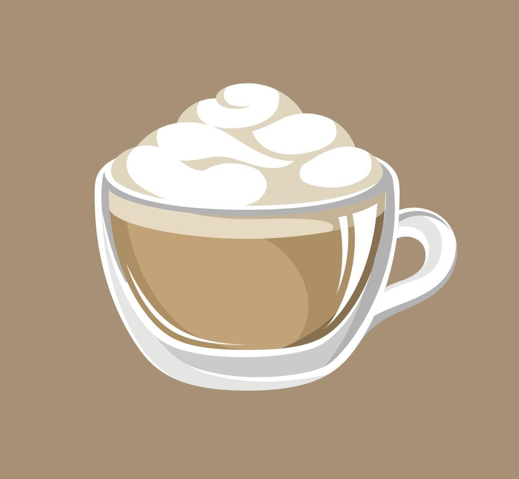 Cappuccino with froth in a glass cup mug vector illustration. Clip art, sticker, print, sign or symbol for coffee shops, cafe, restaurants, etc.