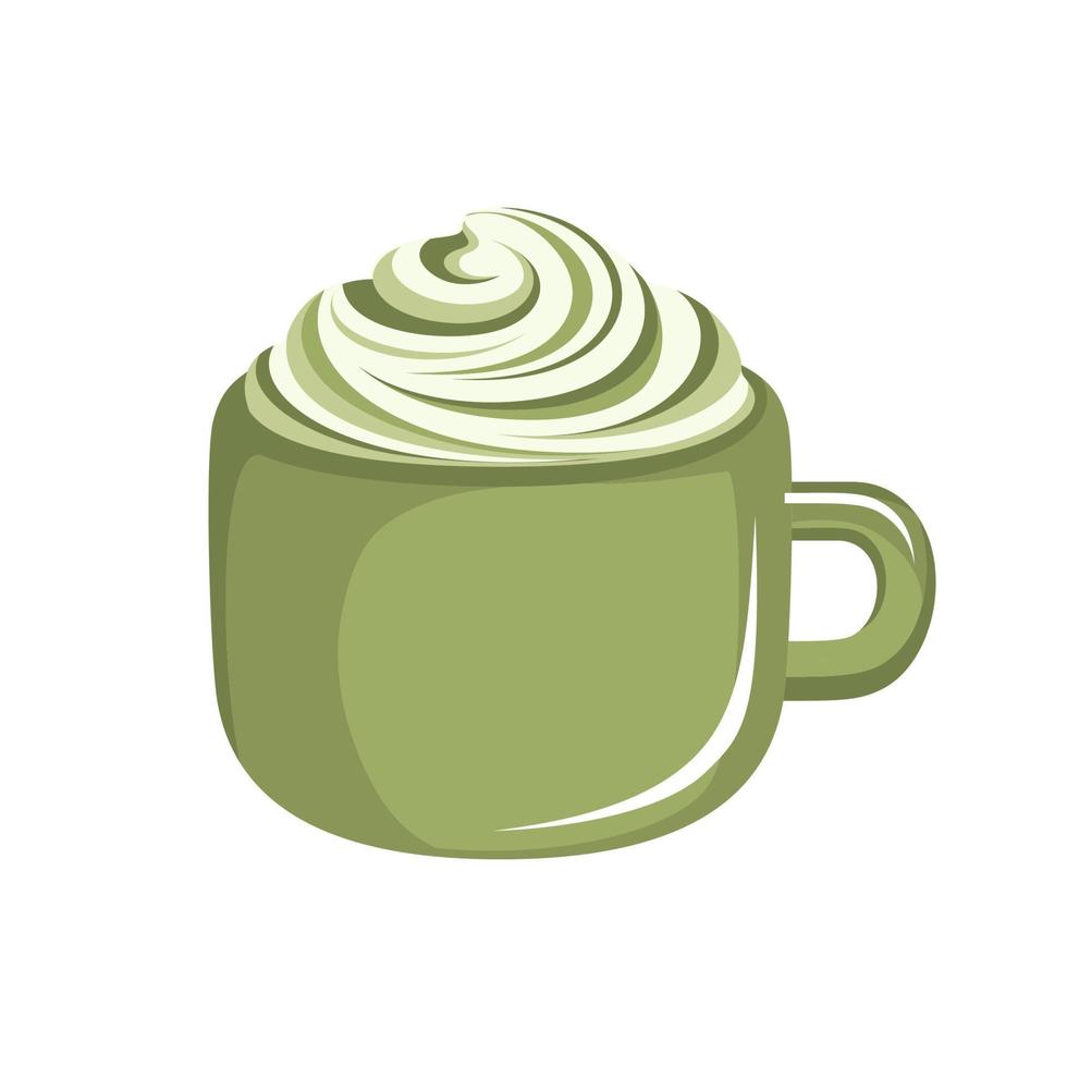 Matcha latte with whipped cream in a small cute green mug. Cafe restaurant menu beverage drink vector illustration.
