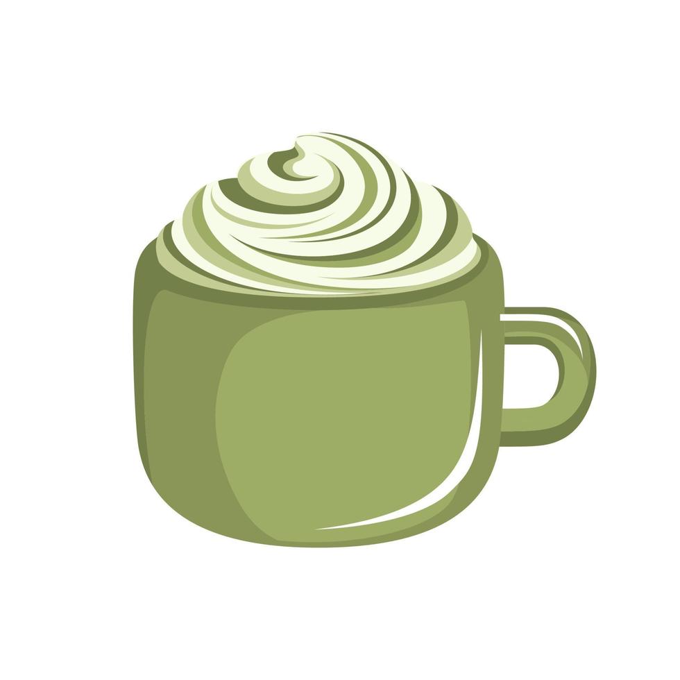 matcha latte con crema batida en una pequeña y linda taza verde. café restaurante menú bebida bebida vector ilustración.