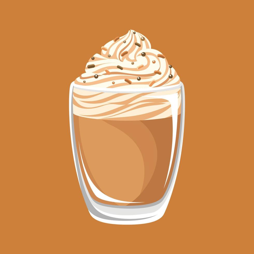 Pumpkin spice latte in tall glass cup with whipped cream and sprinkles. Cafe restaurant menu beverage drink vector illustration.