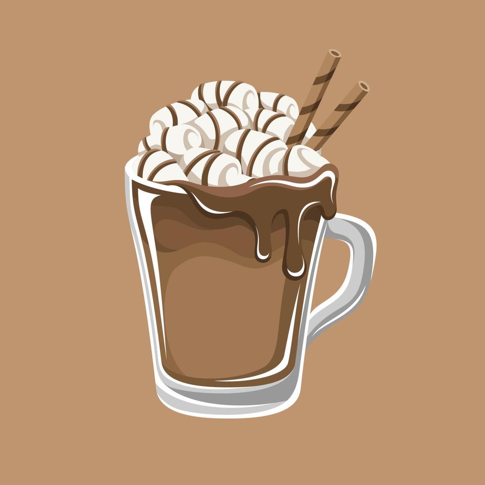 Hot chocolate drink with marshmallows, melted syrup and straws in tall glass mug on brown background vector illustration. Clip art for Christmas, cafe or dessert shops, menu designs, element etc.