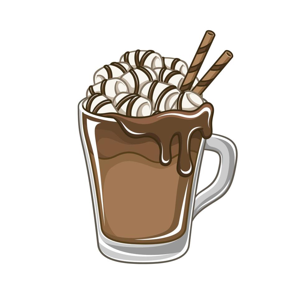 Hot chocolate drink with marshmallows, melted choco syrup and straws in tall glass mug cartoon vector illustration. Clip art for Christmas, cafe or dessert shops, menu designs, stickers etc.