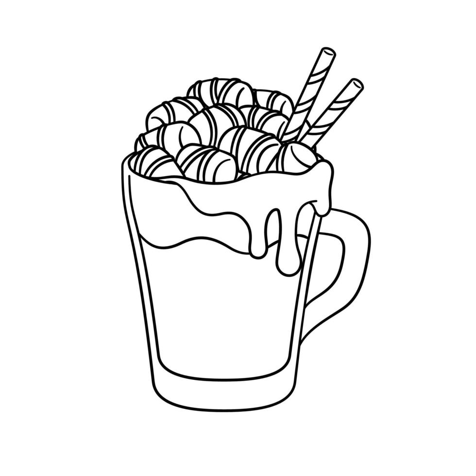 Hot chocolate drink with marshmallows, melted choco syrup and straws in tall glass mug outline line art template. Coloring book page for kids and adults. vector