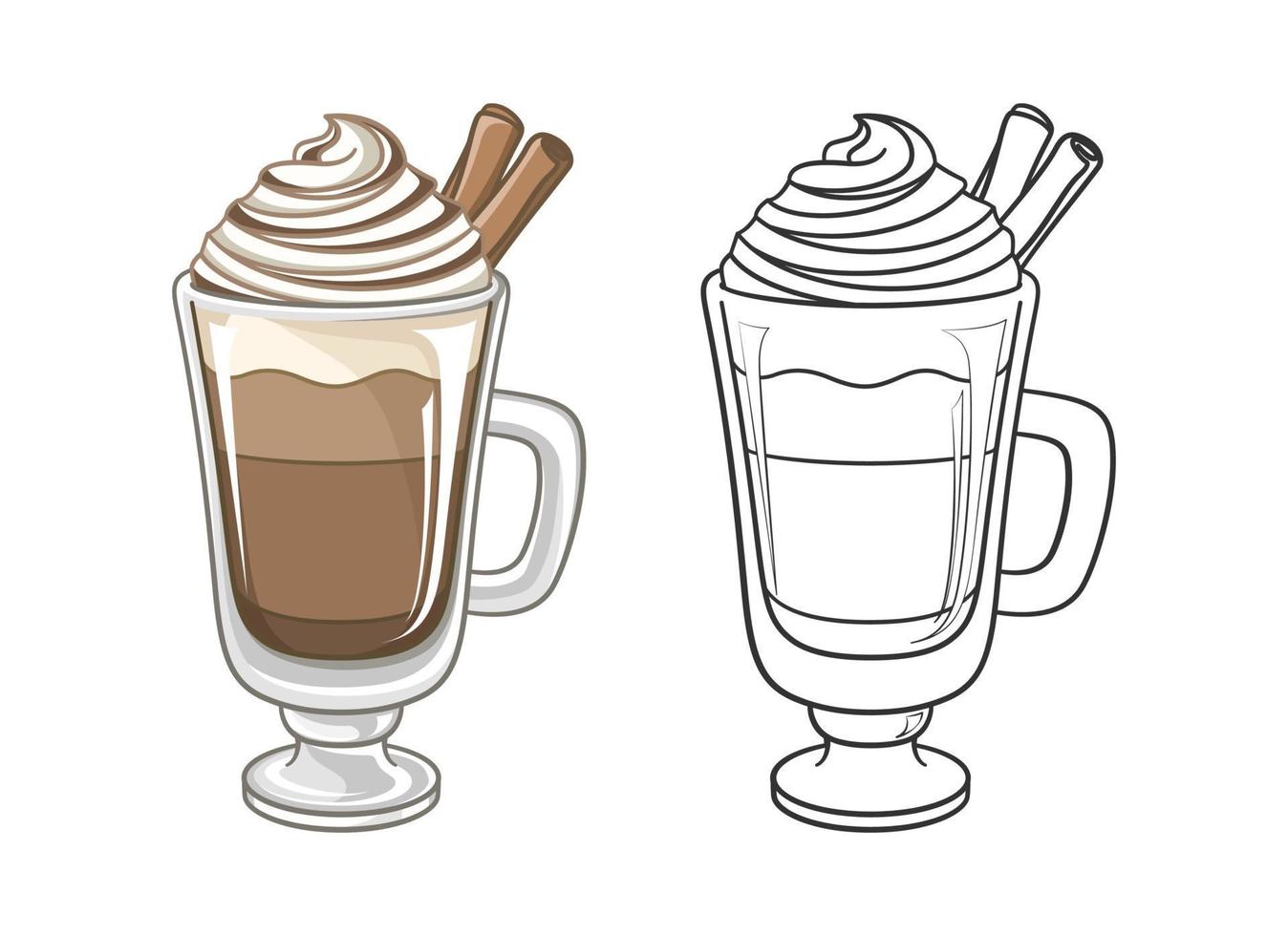 Chocolate beverage drink with whipped cream and cinnamon in tall glass mug clipart. Outline and colored vector illustration set. Coloring book page element activity for kids and adults.