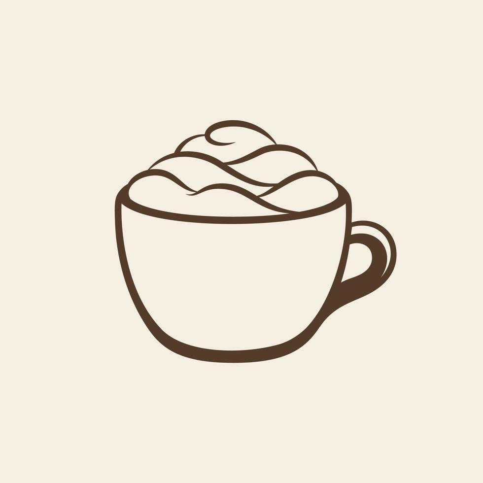 Cup of beverage with foam and cream on mug outline line art. Simple minimal flat clip art, icon or logo for cafe shops, beverages, caffeine, restaurants, etc. Vector illustration.