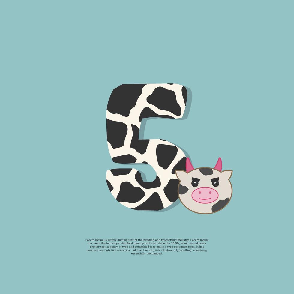 cow skin number 5 with cute cow sticker doodle icon vector