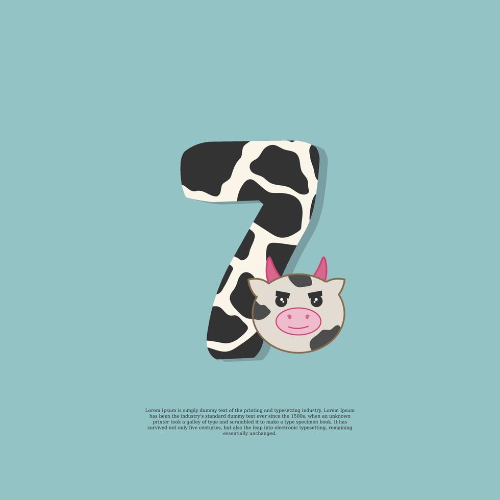 cow skin number 7 with cute cow sticker doodle icon vector