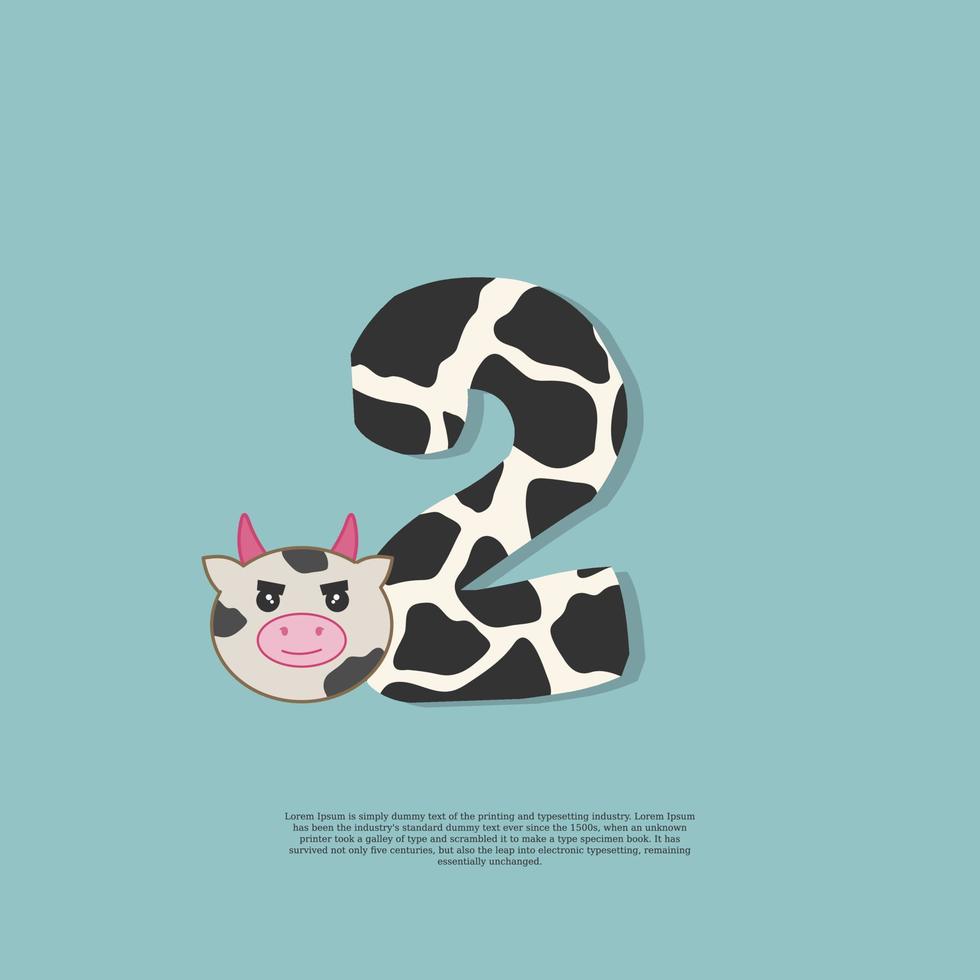 cow skin number 2 with cute cow sticker doodle icon vector