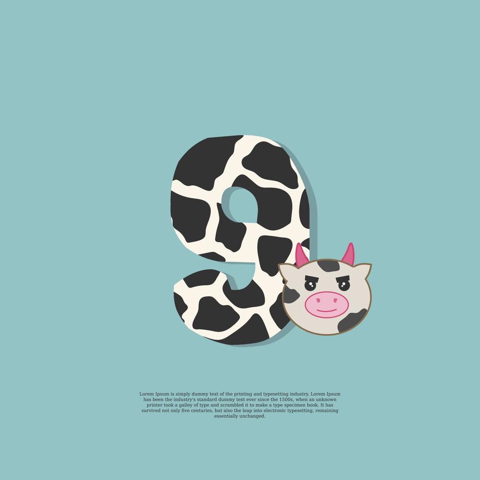 cow skin number 9 with cute cow sticker doodle icon vector