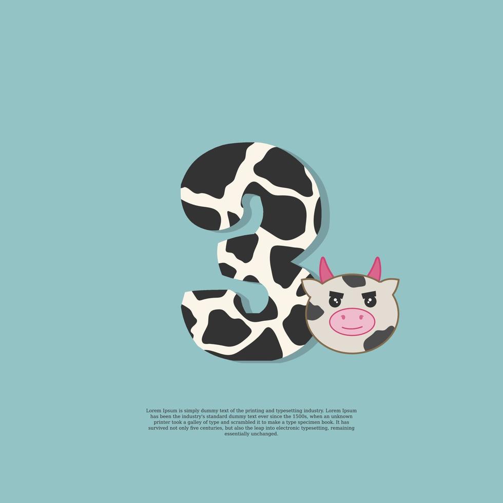 cow skin number 3 with cute cow sticker doodle icon vector